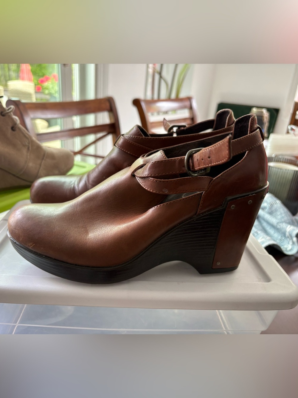 Dansko Brown Leather Women's Wedge clog with Buckle Strap